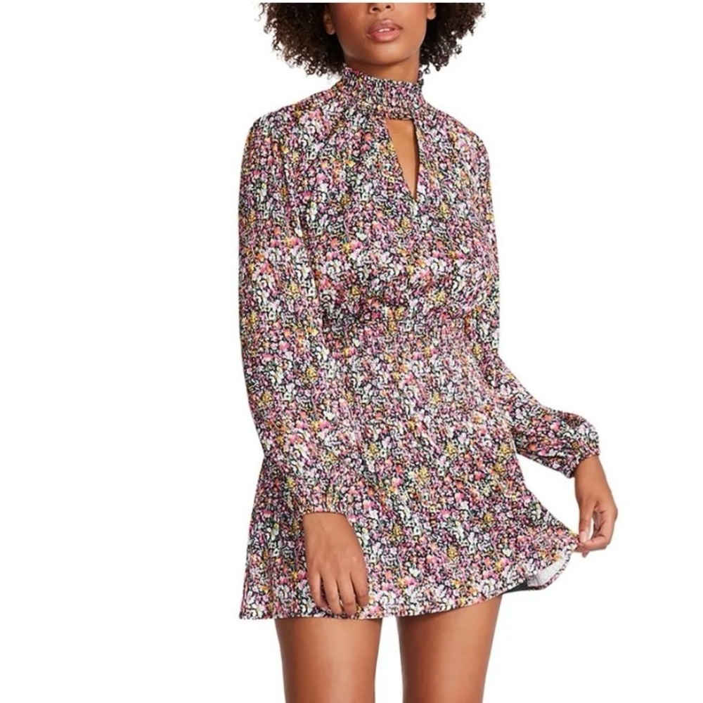 STEVE MADDEN Party Boho Floral Jacquard Keyhole Colorful Smock Waist/Neck Mini L